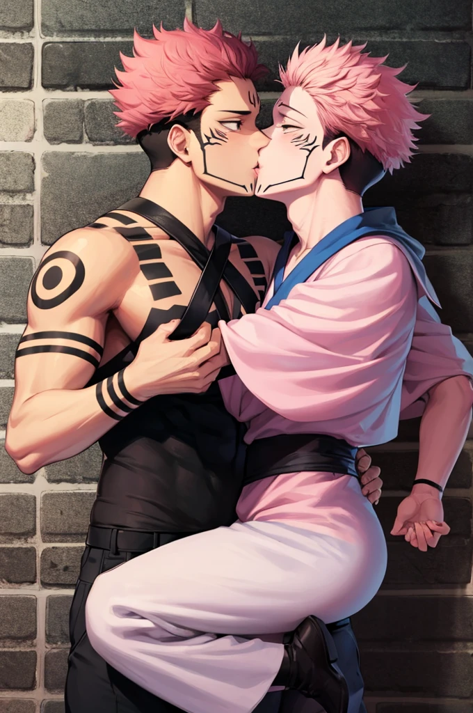 Adults boys, gay kiss, Itadori Yuji, and Ryomen Sukuna,  anime Jujutsu Kaisen, pink hair, short hair. 