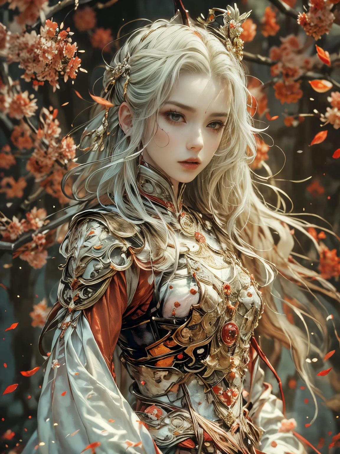 (8K, highest quality, masterpiece)，(Realistic, RAW Photos, Super Fine Clear), Realistic Light, Detailed skin, (1 beautiful girl with slim body, 25 years old, emperor:1.5), Thin legs, fine grain, white long hair, Detailed fingers, thin, Sexual, Ecstasy facial expression, Super big , huge boucing firm bust, The chest part of the armor is wide open, Chest exposed, (deep scarlet armor), (peach, peach園, Flower storm), lakeside palace
