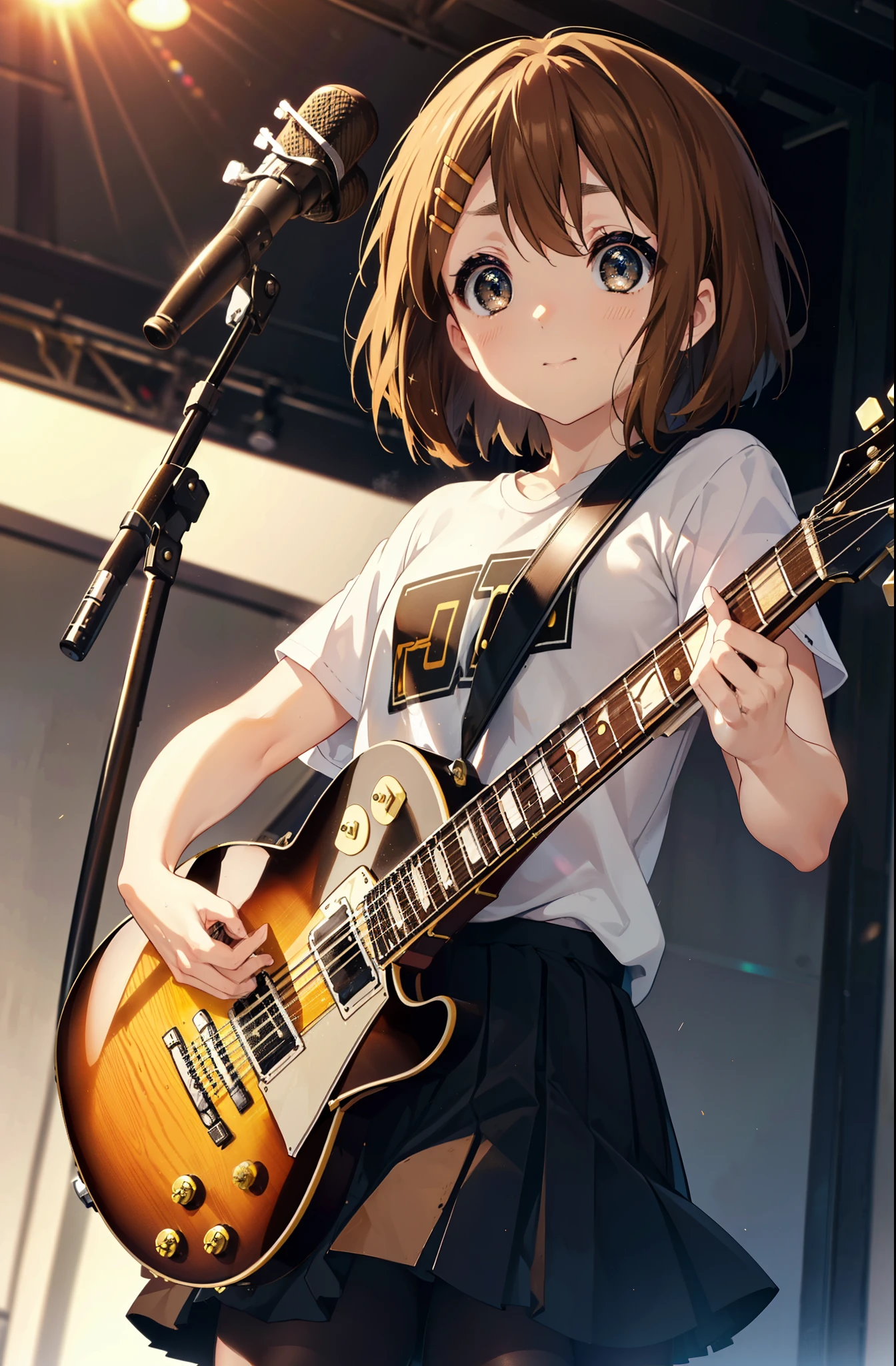 yuihirasawa, Yui Hirasawa, short hair, Brown Hair, hair ornaments, (Brown eyes:1.5),smile,Mouth wide open,Sweat,Wet clothes,Wet Skin,black print t shirt, Black pleated skirt,Black pantyhose,Brown loafers,Hair Clip,guitar(Gibson Les Paul)flip,stage,Singing with your mouth open,So that the whole body goes into the illustration,
break indoors, live house、
break looking at viewer, (Cowboy Shot:1.5),
break (masterpiece:1.2), highest quality, High resolution, unity 8k wallpaper, (shape:0.8), (Fine and beautiful eyes:1.6), Highly detailed face, Perfect lighting, Highly detailed CG, (Perfect hands, Perfect Anatomy),