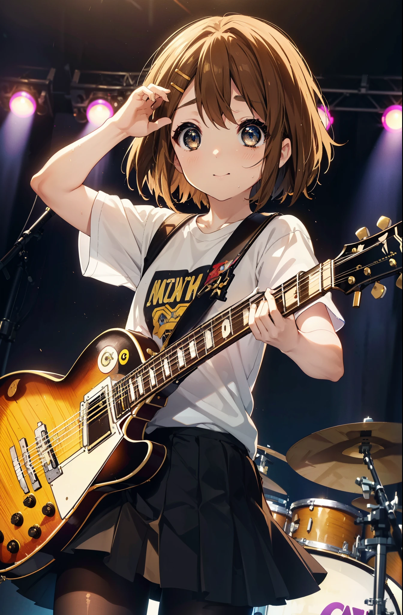 yuihirasawa, Yui Hirasawa, short hair, Brown Hair, hair ornaments, (Brown eyes:1.5),smile,Mouth wide open,Sweat,Wet clothes,Wet Skin,black print t shirt, Black pleated skirt,Black pantyhose,Brown loafers,Hair Clip,guitar(Gibson Les Paul)flip,stage,Singing with your mouth open,So that the whole body goes into the illustration,
break indoors, live house、
break looking at viewer, (Cowboy Shot:1.5),
break (masterpiece:1.2), highest quality, High resolution, unity 8k wallpaper, (shape:0.8), (Fine and beautiful eyes:1.6), Highly detailed face, Perfect lighting, Highly detailed CG, (Perfect hands, Perfect Anatomy),