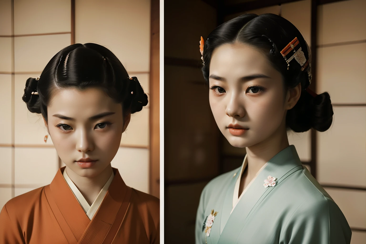 Kioto, 1944. A young ((((24-year-old)) Sayuri)), strikingly beautiful, delicate facial features, porcelain skin, expressive eyes, ((fear expression)), ((((japanese clothings from the 1940s)))), ((hairstyle of the 1940s)), colorful