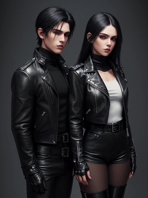 Final Fantasy-style graphics, young, Cute and cool Japanese boys and girls, Both have thin eyebrows and large eyes.,  Both are wearing shiny white single-breasted leather jackets.。.。..。Biker style leather jacket、 with epaulettes,  The jacket is zipped up, The jacket pockets are black., The jacket has a high stand-up collar with a belt,They are both wearing black turtlenecks..., The man is wearing black leather pants、The girl is wearing black leather shorts and black pantyhose., Both of them are wearing thin black leather gloves..., The man was wearing long black leather lace-up boots.。.,、The girl is wearing black leather knee-high boots.、 Please show me your whole body, From head to toe., Final Fantasy Style、((good looking))、((beauty))、((Male and female couple))、((Clear eyes and nose))、((Shiny white single leather jacket))、((Both jackets must be white.))、((The jacket has epaulettes))、((Jacket has a high stand-up collar and belt.))、((The jacket has a black pocket))、((Black turtleneck shirt))、((A man wearing shiny black leather pants))、((She&#39;s wearing shiny black leather shorts.))、((Both of them must wear shiny black leather gloves on both hands.))、((Black lace-up leather long boots))、((The woman is wearing knee-high leather boots))、((A woman wearing black pantyhose))、((View full-body images from a distance))、Realistic image quality and texture、In a small cell、close your eyes、Has a gentle smile、((The jacket is closed with a zipper))、((Neither of them has any exposed skin below the neck..))、((They are holding each other tightly))、