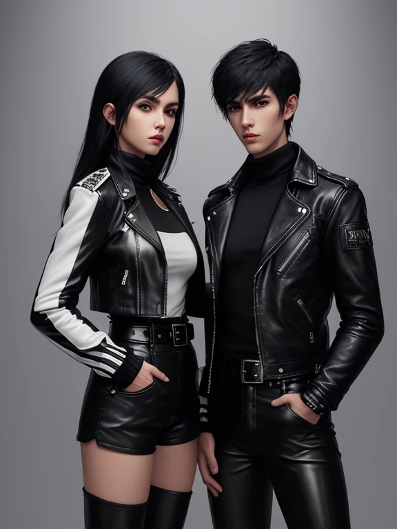 Final Fantasy-style graphics, young, Cute and cool Japanese boys and girls, Both have thin eyebrows and large eyes.,  Both are wearing shiny white single-breasted leather jackets.。.。..。Biker style leather jacket、 with epaulettes,  The jacket is zipped up, The jacket pockets are black., The jacket has a high stand-up collar with a belt,They are both wearing black turtlenecks..., The man is wearing black leather pants、The girl is wearing black leather shorts and black pantyhose., Both of them are wearing thin black leather gloves..., The man was wearing long black leather lace-up boots.。.,、The girl is wearing black leather knee-high boots.、 Please show me your whole body, From head to toe., Final Fantasy Style、((good looking))、((beauty))、((Male and female couple))、((Clear eyes and nose))、((Shiny white single leather jacket))、((Both jackets must be white.))、((The jacket has epaulettes))、((Jacket has a high stand-up collar and belt.))、((The jacket has a black pocket))、((Black turtleneck shirt))、((A man wearing shiny black leather pants))、((She&#39;s wearing shiny black leather shorts.))、((Both of them must wear shiny black leather gloves on both hands.))、((Black lace-up leather long boots))、((The woman is wearing knee-high leather boots))、((A woman wearing black pantyhose))、((View full-body images from a distance))、Realistic image quality and texture、In a small cell、close your eyes、Has a gentle smile、((The jacket is closed with a zipper))、((Neither of them has any exposed skin below the neck..))、((They are holding each other tightly))、