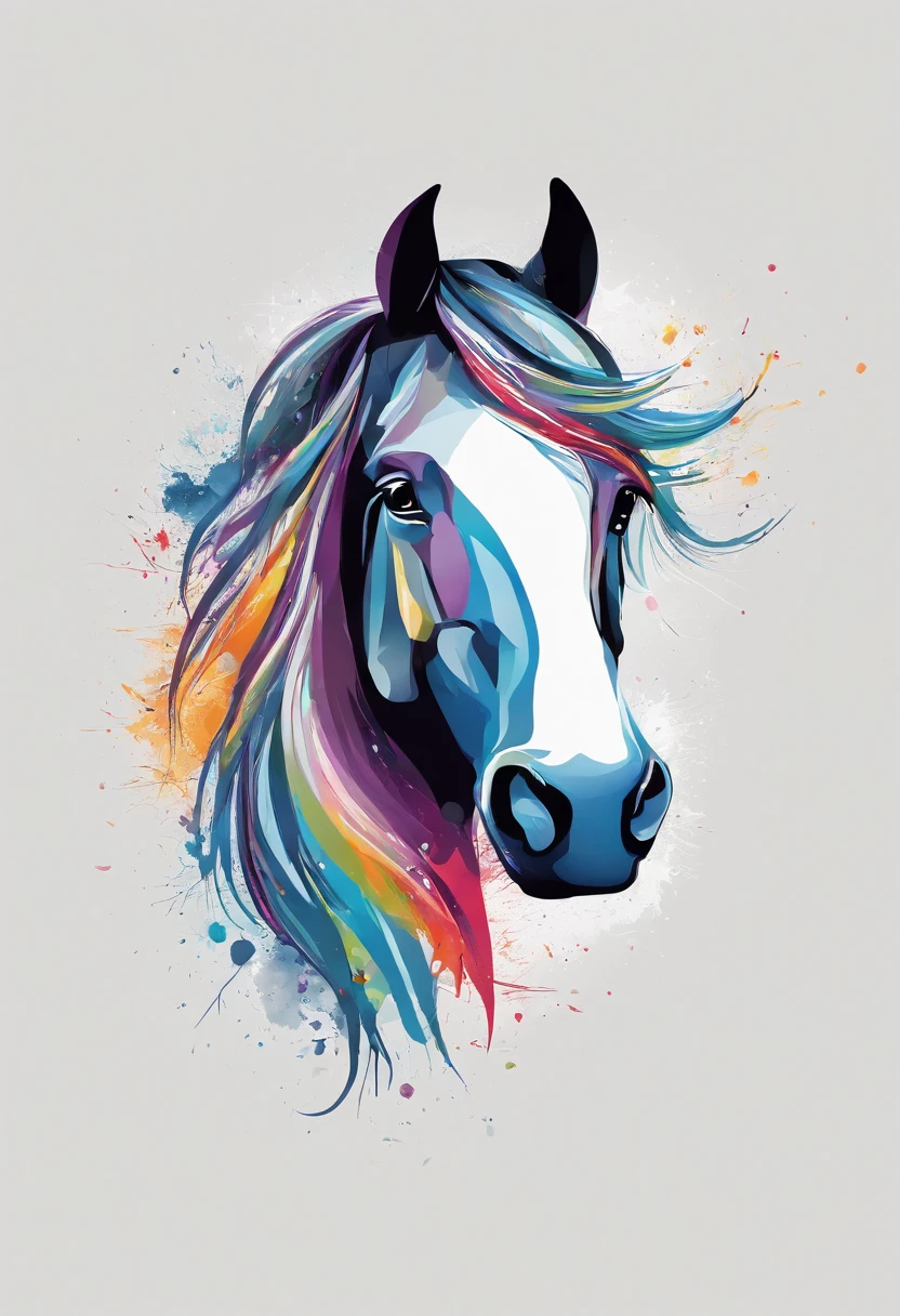 Colorful Logo, ((Horse head minimalist vector art logo illustration)), Low Poly Style,  magic, Crisp design, seed, monochrome color, Dark magic colorful paint splash, T-shirt design, Studio Ghibli style, Design must be vector art, Using Adobe Illustrator、Create a logo with sharp lines and a simple look。, But attractive. The design is centered on the horse&#39;s eye, Capture your personality and charm. The logo should exude sophistication and serenity.. The overall aesthetic should be elegant and refined., Make it appropriate for your branding and logo purposes, Black background