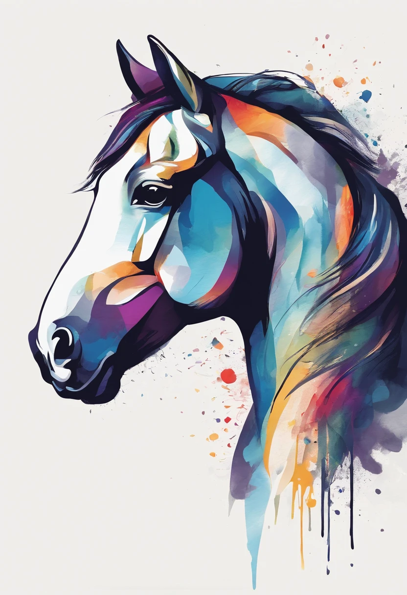 Colorful Logo, ((Horse head minimalist vector art logo illustration)), Low Poly Style,  magic, Crisp design, seed, monochrome color, Dark magic colorful paint splash, T-shirt design, Studio Ghibli style, Design must be vector art, Using Adobe Illustrator、Create a logo with sharp lines and a simple look。, But attractive. The design is centered on the horse&#39;s eye, Capture your personality and charm. The logo should exude sophistication and serenity.. The overall aesthetic should be elegant and refined., Make it appropriate for your branding and logo purposes, Black background