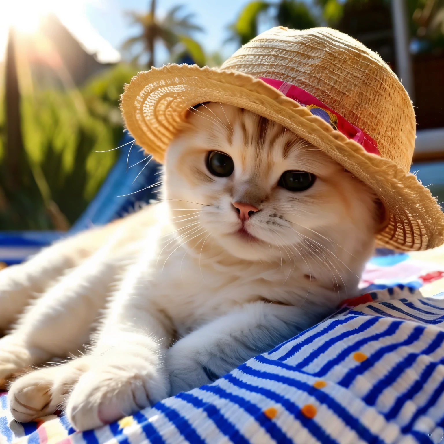 Cute kitten wearing sun hat，Basking comfortably under the sun
