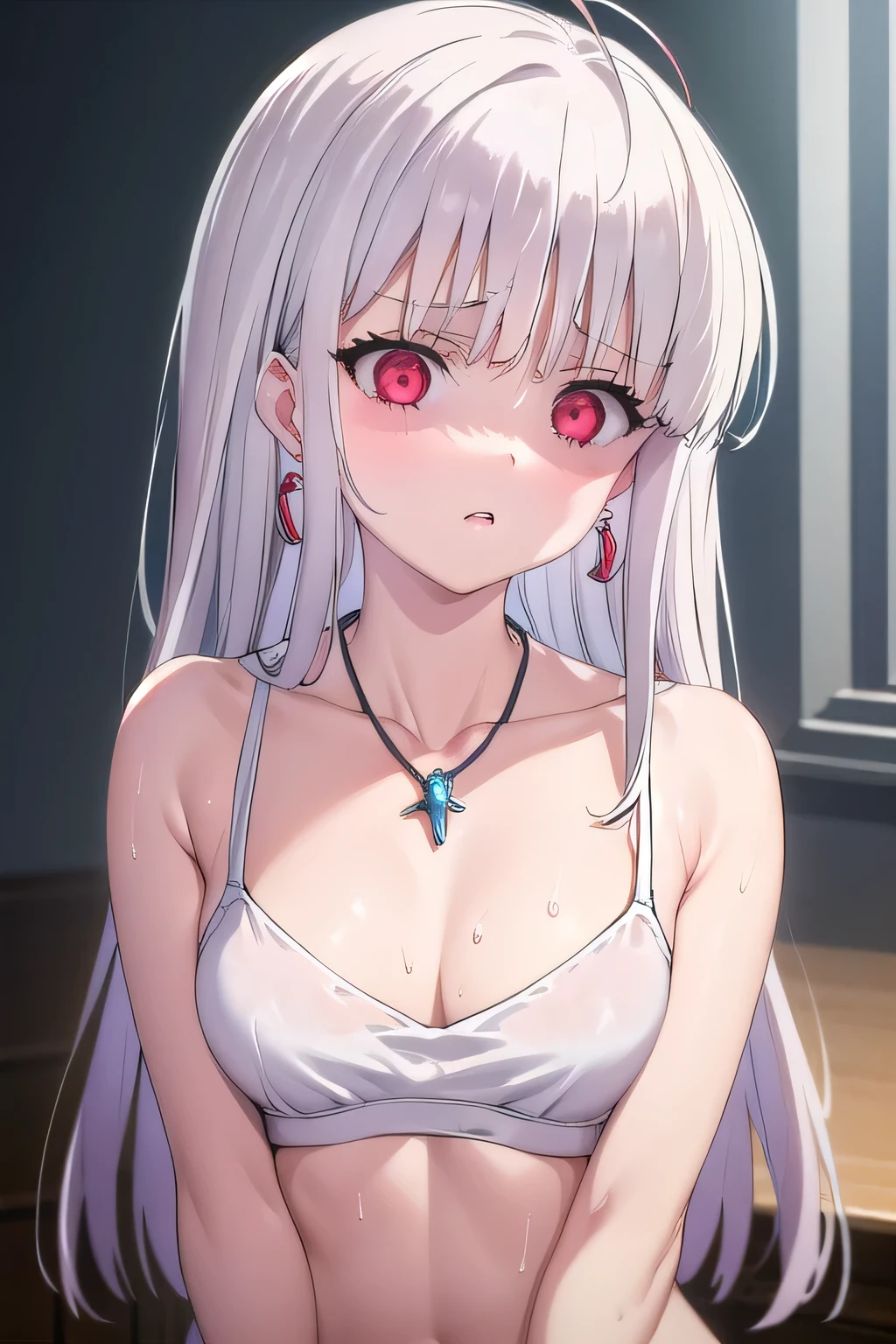 masterpiece, best quality, ultra-high-detailed, Disgusted face, white hair, red eyes, sigtuna julie , small breast, room, looking down to you , deep eyes ,cowboy shot, high quality, jewelry, earrings, jewelry, , earrings, necklace, makeup, lipstick, eyeshadow, Warm body, hot body, A lot sweat , more sweat, hot temperature, sweating, Sweated a lot, warm room, bare shoulder, showing shoulder, Collarbone, sport bra , fit body, muscular, abs, muscle