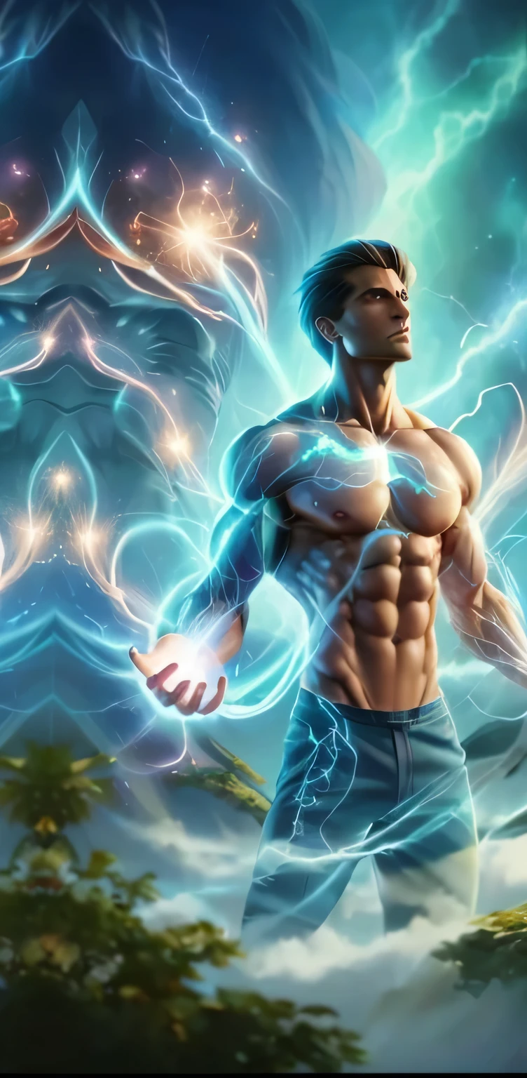 a close up of a man with a shirt on holding a lightning ball, muscular!! sci-fi, an epic anime of a energy man, skinny male fantasy scientist, visible magic energy, aura of power. detailed, cosmic energy wires, quality astral projection render, energy body, electricity aura, radiating rebirth energy, djinn human hybrid, power auras