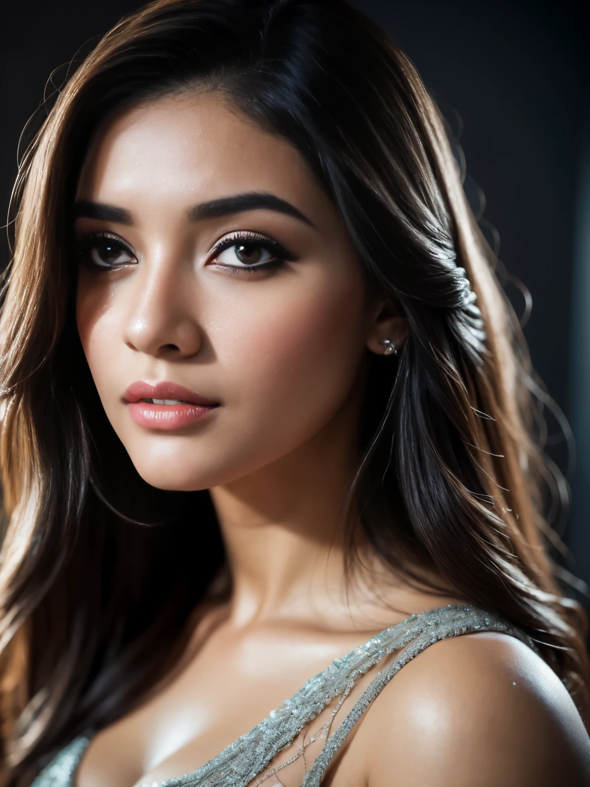 20 years old, Portrait of A confident-looking indian girl long flowing hair, (facing,90 degree to camera, looking at camera) hazel and brown big eyes, sitting on sofa, close up face, beautiful detailed nose, sexy detailed lips, (detailed skin texture), bokeh, perfect composition, hyperrealistic, super detailed, 8k, high quality, trending art, trending on artstation, sharp focus,  studio photo, intricate details, highly detailed, art by greg rutkowski, full face visible,
