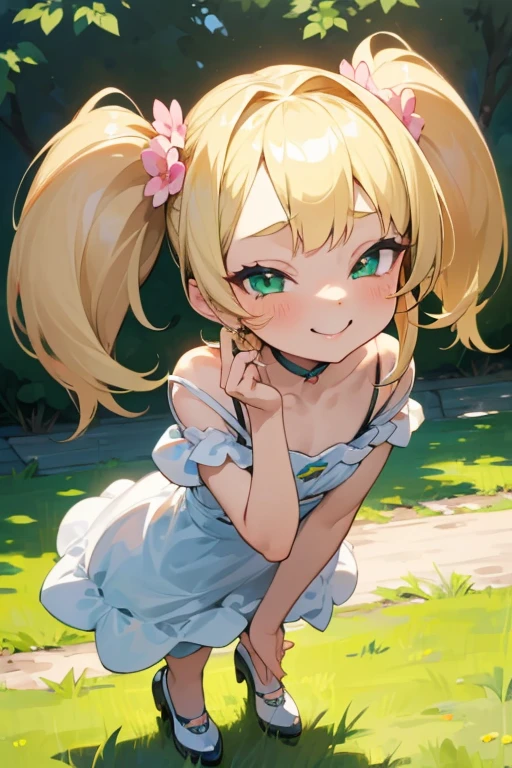 ((Masterpiece)), ((Best Quality)), (Ultra-detailed), ((high definition 4k)) Anime style, Cute, 1girl in, Solo, ((Beautiful green eyes)), Smile, (thin legs), details in the environment, face the lens, full body, lesbian, seductive, seductive smile, seductive eyes, undressing, raped, accurate depiction of the human body, 1 girl, cute, bratty, spoiled, blonde hair, twintails, long hair, cute, bratty, teasing look, dim lighting, green eyes, smiling, sassy, sassy smile, small, blond hair, long blond hair, twintails, twin-tails, golden twintails, blond twintails, (long blond twintails), laughing at viewer, laghing pose, laughing, laughing expression making of at POV, (in a park) ((in a park at day time)), ((white heels)), ((small white short summer dress)), (((Loli))) (((Young girl))) (((child girl)))