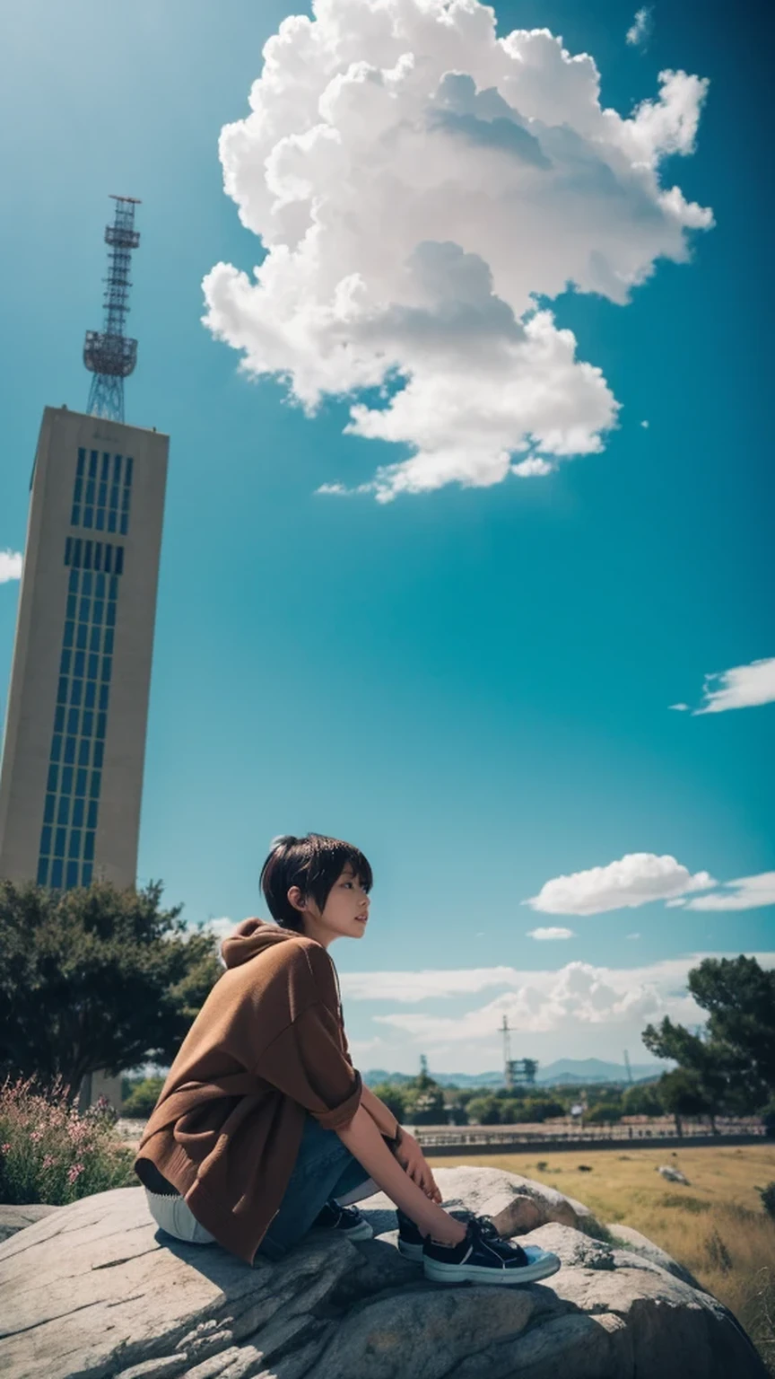 Anime girl sitting on a rock looking at the sky,A tower piercing the sky in the distance, makoto shinkai cyril rolando, anime art wallpaper 4k, anime art wallpaper 4k, Cyril Rolland and Goro Fujita, anime art wallpaper 8k, 4k anime wallpaper, anime wallpaper 4k, anime wallpaper 4k, ( ( makoto shinkai ) ), makoto shinkai!