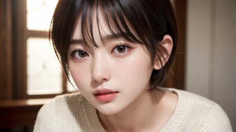 (Short Hair:1.2),(wearing a knit sweater:1.2),1 girl,Japanese,28 years old,(Small breasts:1.3),(highest quality,masterpiece:1.3,超A high resolution,),(Ultra-detailed,Caustics),(Photorealistic:1.4,RAW shooting,)Ultra-Realistic Capture,Very detailed,High resolution 16K human skin close-up。 Natural skin texture、,Pores、、It needs to be detailed enough to be easily identifiable。 Skin should be even-toned and healthy looking。 Use natural light and colour, Sad expression, Looking at the camera, Perfect dynamic composition, Inside the church