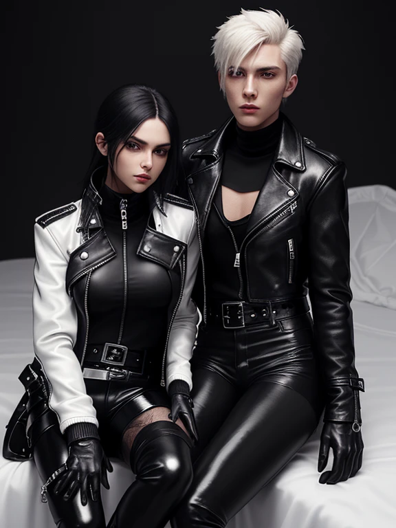 Final Fantasy-style graphics, young, Cute and cool Japanese boys and girls, Both have thin eyebrows and large eyes., Both are wearing shiny white single-breasted leather jackets.。.。..。Biker style leather jacket、 with epaulettes, The jacket is zipped up, The jacket pockets are black., The jacket has a high stand-up collar with a belt,They are both wearing black turtlenecks..., The man is wearing black leather pants、The girl is wearing black leather shorts and black pantyhose., Both of them are wearing thin black leather gloves..., The man was wearing long black leather lace-up boots.。.,、The girl is wearing black leather knee-high boots.、 Please show me your whole body, From head to toe., Final Fantasy Style、((good looking))、((beauty))、((Male and female couple))、((Clear eyes and nose))、((Shiny white single leather jacket))、((Both jackets must be white.))、((The jacket has epaulettes))、((Jacket has a high stand-up collar and belt.))、((The jacket has a black pocket))、((Black turtleneck shirt))、((A man wearing shiny black leather pants))、((She's wearing shiny black leather shorts.))、((Both of them must wear shiny black leather gloves on both hands.))、((Black lace-up leather long boots))、((The woman is wearing knee-high leather boots))、((A woman wearing black pantyhose))、((View full-body images from a distance))、Realistic image quality and texture、In a small cell、close your eyes、Has a gentle smile、((The jacket is closed with a zipper))、((Neither of them has any exposed skin below the neck..))、((The two of them are sitting close together on the bed))、