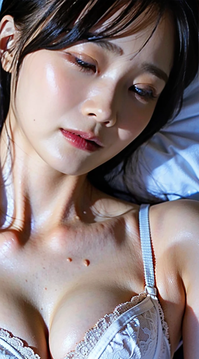 (8K、Raw photo、highest quality、masterpiece:1.2)、(realistic、Photoreal)、1 girl、((white lace bra、underwear、sleep in bed、downward、crying face、close up of face、Bedroom))、lots of eyelashes、Glitter on your eyelids、skeletally correct、sweaty body、Beautifully aligned fingertips、above the sky、((beautiful breast:1.2))