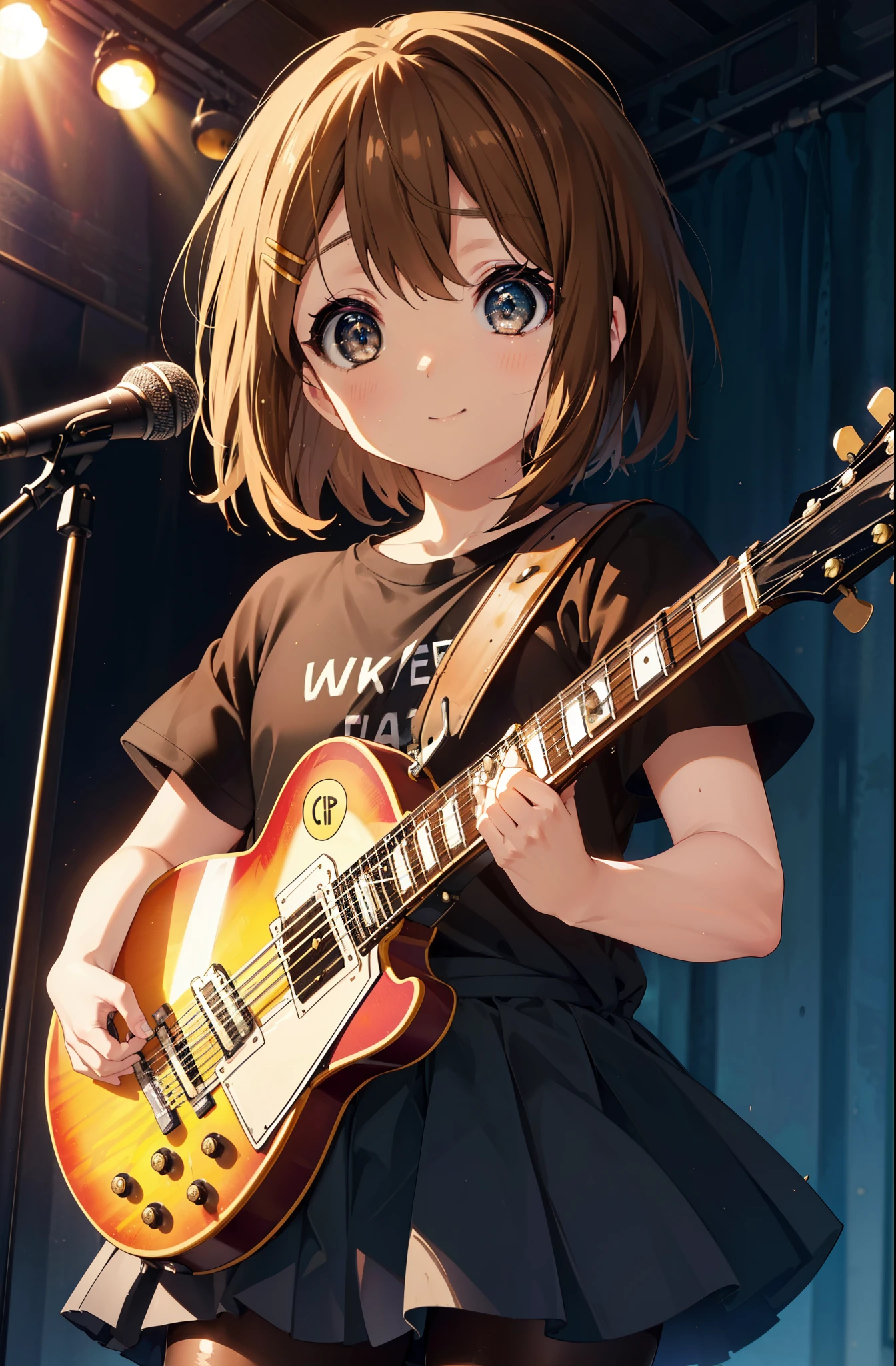 yuihirasawa, Yui Hirasawa, short hair, Brown Hair, hair ornaments, (Brown eyes:1.5),smile,Mouth wide open,Sweat,Wet clothes,Wet Skin,black print t shirt, Black pleated skirt,Black pantyhose,Brown loafers,Hair Clip,guitar(Gibson Les Paul)flip,stage,Singing with your mouth open,So that the whole body goes into the illustration,
break indoors, live house、
break looking at viewer, (Cowboy Shot:1.5),
break (masterpiece:1.2), highest quality, High resolution, unity 8k wallpaper, (shape:0.8), (Fine and beautiful eyes:1.6), Highly detailed face, Perfect lighting, Highly detailed CG, (Perfect hands, Perfect Anatomy),