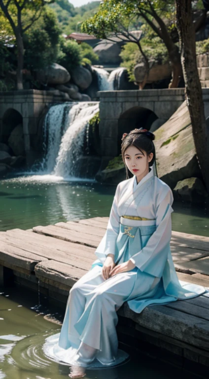 top Quority，Ultra-clear resolution,  Facial is clear. Beautiful concubine. Korean kingdom.((hanbok. Korean Dynasty)) sitting. Under the waterfall