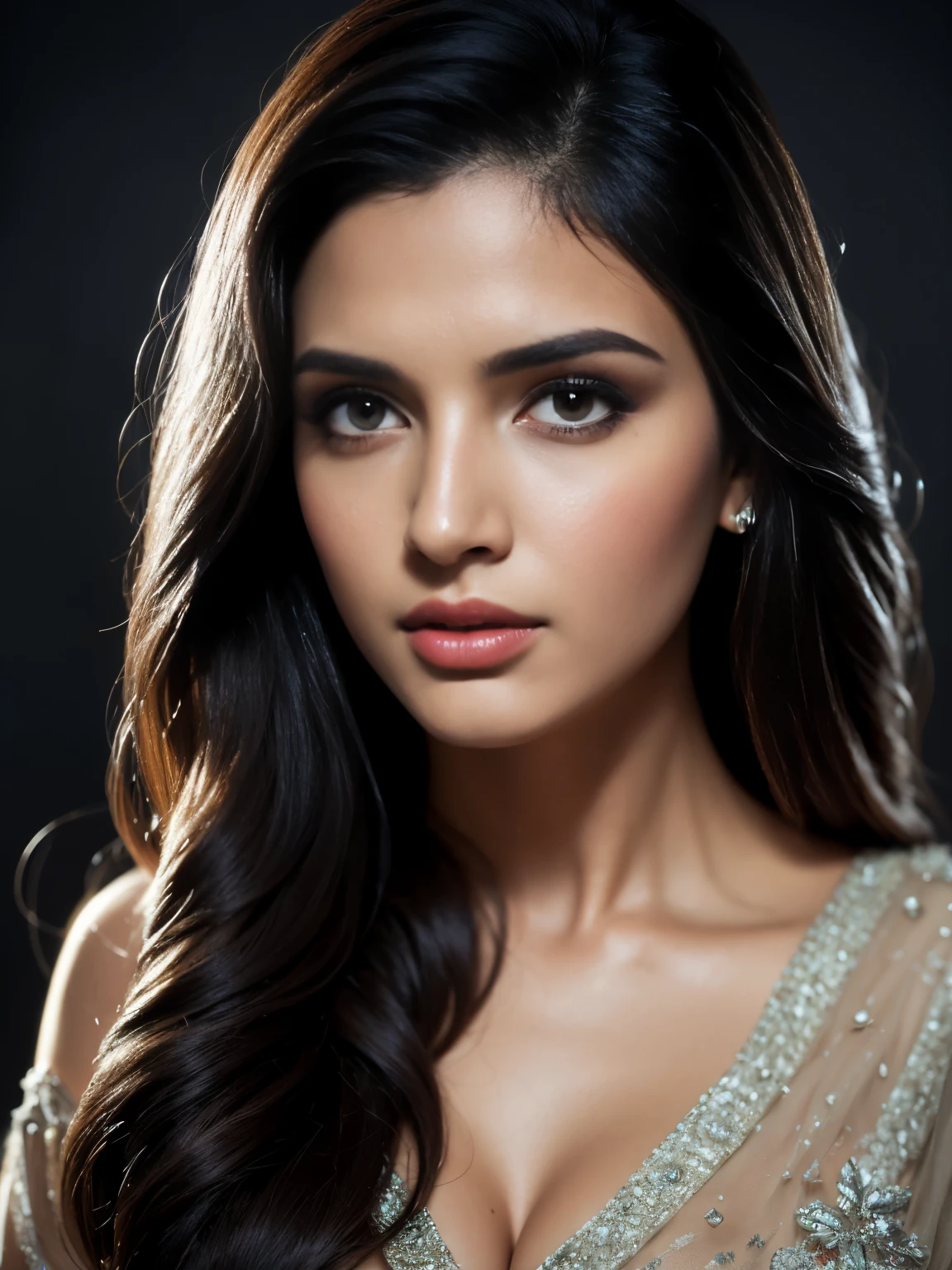 20 years old, Portrait of A confident-looking indian girl long flowing hair, (facing,90 degree to camera, looking at camera) hazel and brown big eyes, sitting on sofa, close up face, beautiful detailed nose, sexy detailed lips, (detailed skin texture), bokeh, perfect composition, hyperrealistic, super detailed, 8k, high quality, trending art, trending on artstation, sharp focus,  studio photo, intricate details, highly detailed, art by greg rutkowski, full face visible,