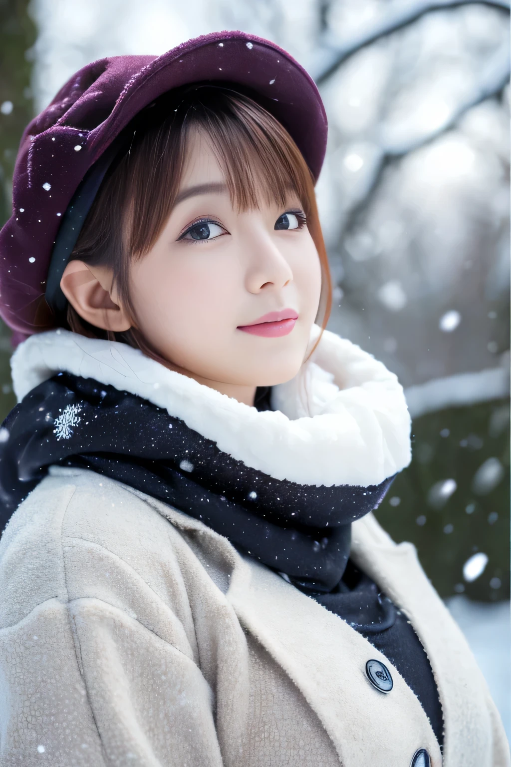 ((highest quality、8k、Masseter muscle area:1.3))、(beautiful, Realistic Japan),1 female、Winter coat、(Big Tits:1.2)、Scarf、Woolen hat、gloves、Ultra detailed face、Highly detailed lips、Detailed eyes、double eyelid 、it&#39;s snowing、White Breath、Landscape、Looking up at the sky、large tree、Natural、your、White world、winter、