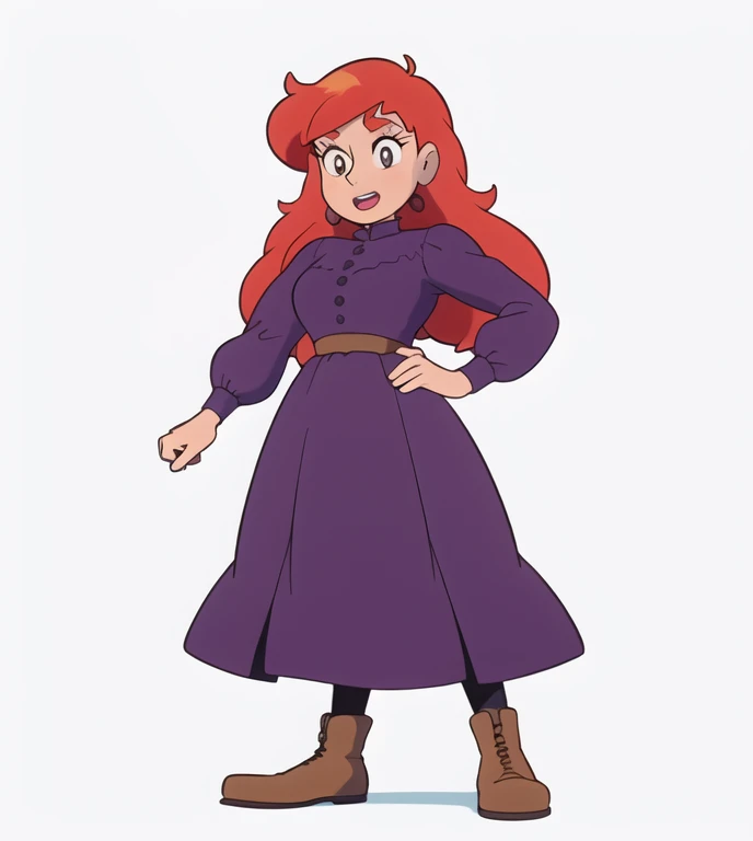 best quality,ultra-detailed,caricature of a girl with red hair in a purple dress and brown boots,witty and exaggerated facial features,stylish and unique clothing,playful expression and pose,colorful and vibrant background,cartoonish style,pop art,humor,lively colors,comic book inspiration,shading and line work,creative and imaginative composition,vibrant and contrasting color palette,dynamic lighting,stylized hair and clothing details,expressive eyes and lips,fun and lively atmosphere,artistic interpretation.