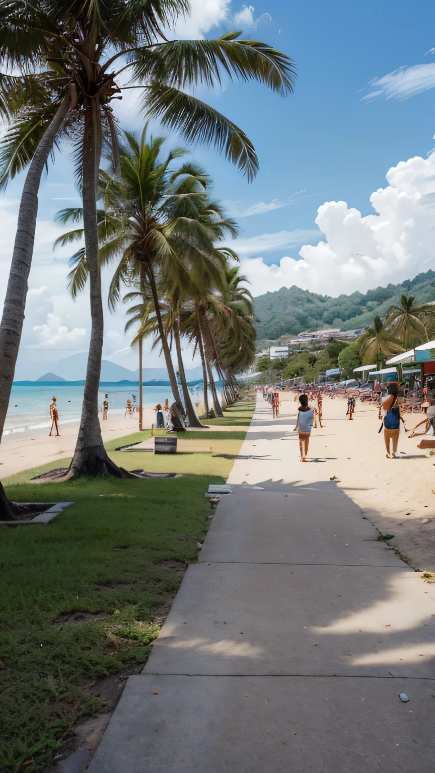 blue sea of the equator, a small mountain far away, Lush palm trees, so many people on the beach, patong beach, happy kids, so many palm trees
