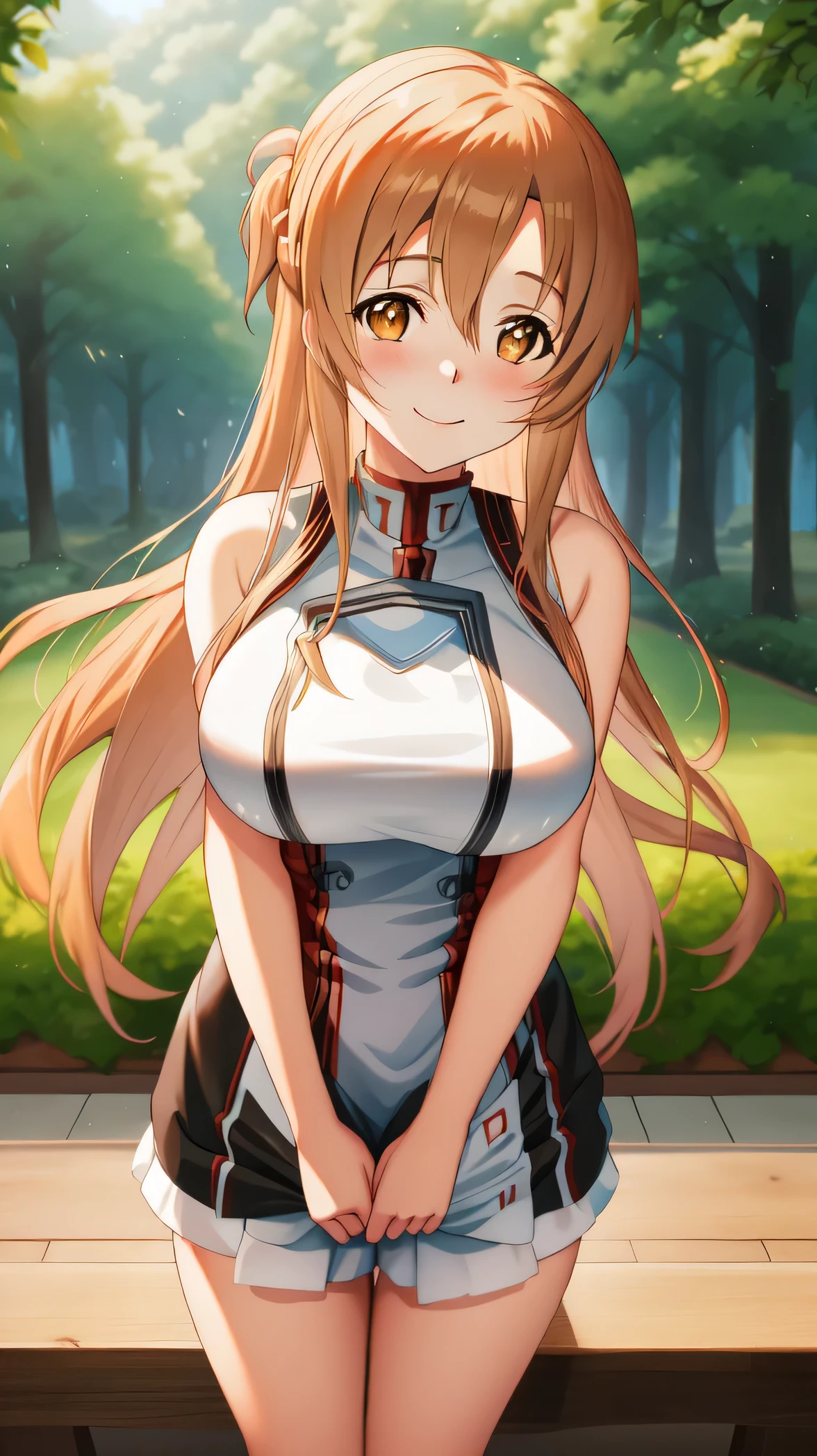 Asuna Yuuki (Asuna Yuki) - Sword Art Online (Sword Art Online)
 (best quality,4k,8k,highres,masterpiece:1.2),ultra-detailed,realistic,teen girl in black shorts,black , basketball singlet girs exposed,beautiful detailed eyes,smiling face,long hair,confident pose,outdoor garden setting,vivid colors,soft lighting,portrait style big boob