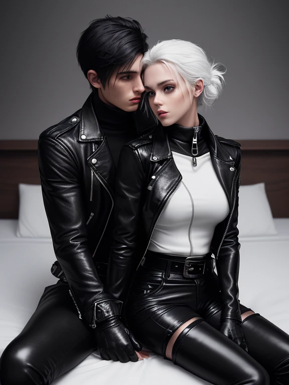 Final Fantasy-style graphics, young, Cute and cool Japanese boys and girls, Both have thin eyebrows and large eyes., Both are wearing shiny white single-breasted leather jackets.。.。..。Biker style leather jacket、 with epaulettes, The jacket is zipped up, The jacket pockets are black., The jacket has a high stand-up collar with a belt,They are both wearing black turtlenecks..., The man is wearing black leather pants、The girl is wearing black leather shorts and black pantyhose., Both of them are wearing thin black leather gloves..., The man was wearing long black leather lace-up boots.。.,、The girl is wearing black leather knee-high boots.、 Please show me your whole body, From head to toe., Final Fantasy Style、((good looking))、((beauty))、((Male and female couple))、((Clear eyes and nose))、((Shiny white single leather jacket))、((Both jackets must be white.))、((The jacket has epaulettes))、((Jacket has a high stand-up collar and belt.))、((The jacket has a black pocket))、((Black turtleneck shirt))、((A man wearing shiny black leather pants))、((She's wearing shiny black leather shorts.))、((Both of them must wear shiny black leather gloves on both hands.))、((Black lace-up leather long boots))、((The woman is wearing knee-high leather boots))、((A woman wearing black pantyhose))、((View full-body images from a distance))、Realistic image quality and texture、In a small cell、close your eyes、Has a gentle smile、((The jacket is closed with a zipper))、((Neither of them has any exposed skin below the neck..))、((The two of them are sitting close together on the bed))、