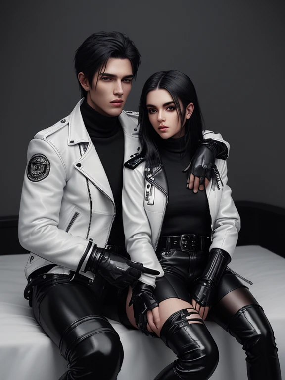Final Fantasy-style graphics, young, Cute and cool Japanese boys and girls, Both have thin eyebrows and large eyes.,  Both are wearing shiny white single-breasted leather jackets.。.。..。Biker style leather jacket、 with epaulettes,  The jacket is zipped up, The jacket pockets are black., The jacket has a high stand-up collar with a belt,They are both wearing black turtlenecks..., The man is wearing black leather pants、The girl is wearing black leather shorts and black pantyhose., Both of them are wearing thin black leather gloves..., The man was wearing long black leather lace-up boots.。.,、The girl is wearing black leather knee-high boots.、 Please show me your whole body, From head to toe., Final Fantasy Style、((good looking))、((beauty))、((Male and female couple))、((Clear eyes and nose))、((Shiny white single leather jacket))、((Both jackets must be white.))、((The jacket has epaulettes))、((Jacket has a high stand-up collar and belt.))、((The jacket has a black pocket))、((Black turtleneck shirt))、((A man wearing shiny black leather pants))、((She&#39;s wearing shiny black leather shorts.))、((Both of them must wear shiny black leather gloves on both hands.))、((Black lace-up leather long boots))、((The woman is wearing knee-high leather boots))、((A woman wearing black pantyhose))、((View full-body images from a distance))、Realistic image quality and texture、In a small cell、close your eyes、Has a gentle smile、((The jacket is closed with a zipper))、((Neither of them has any exposed skin below the neck..))、((The two of them are sitting close together on the bed))、
