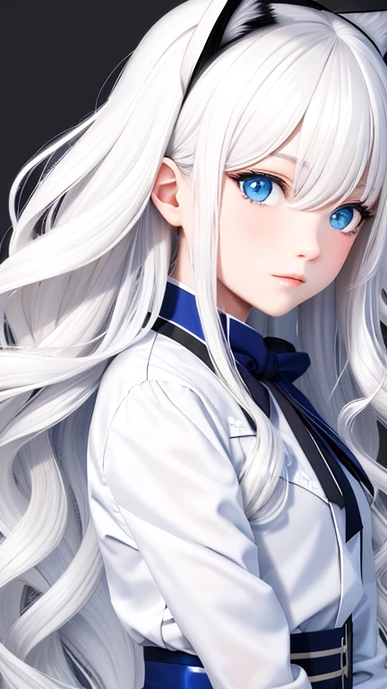 perfect face, long wavy white hair color, sharp eyes, blue eyes, solo, cat girl, tomboy clothing style, profile picture, bedroom background. 