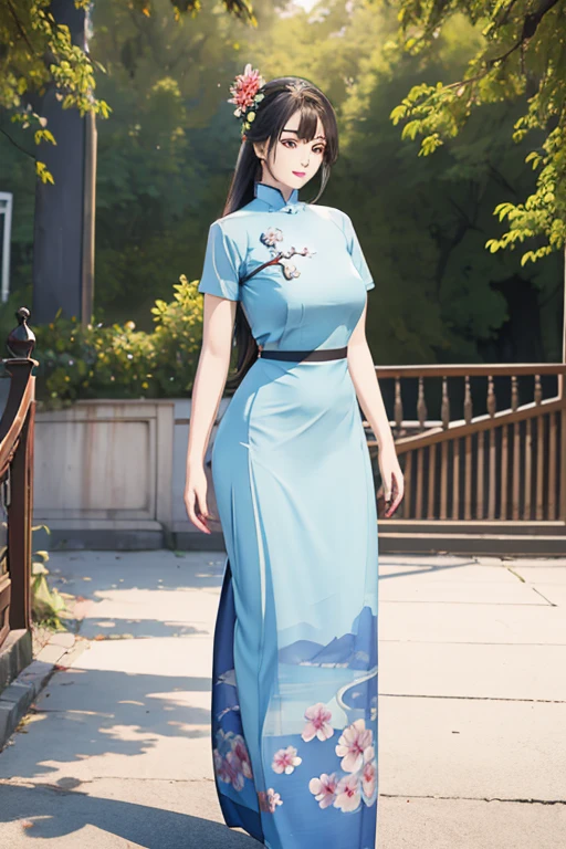 a beautiful girl in vintage colors aodai, masterpiece ,(Dye painting) ( blue color dress ) wrapped in a large flower print( flower silk ..... with ) best quality, realistic:1.3, street, cyberpunk, holding bundle of adubon sunlight, backlighting, (well pper Adhere to clear natural light hdr))full budy, big ass (Remove extra limbs, remove accurately) intricate scene, artstation, intricate details, vignettefulbudy(cartoon)