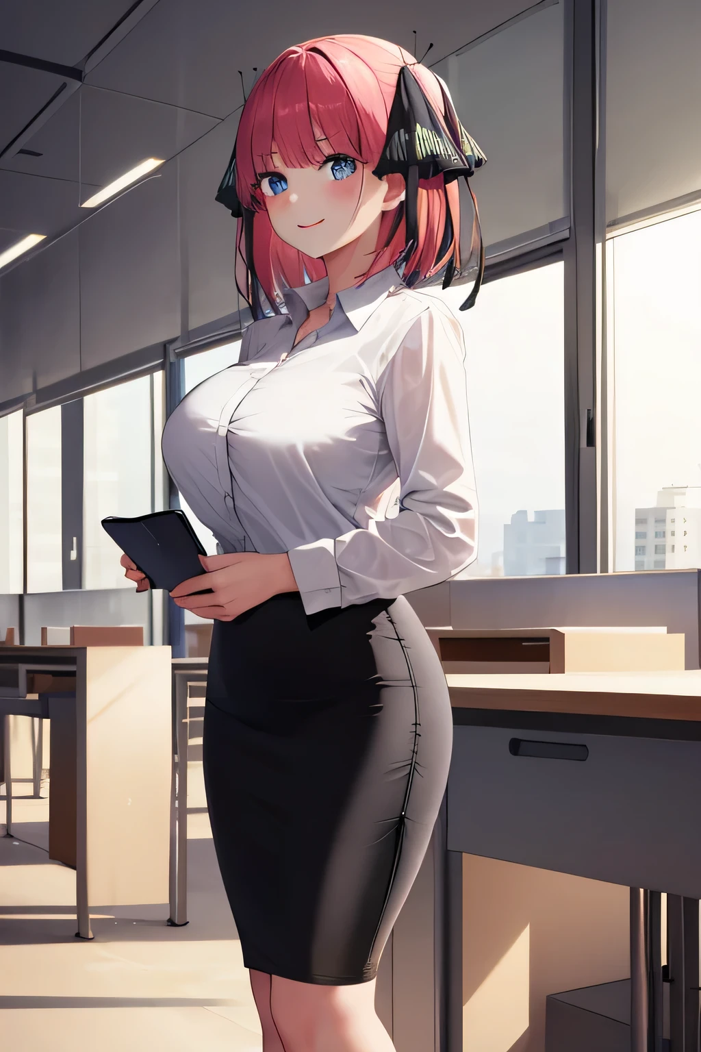 ((masterpiece, best quality)), highres, 1girl, business woman who is sleepy and tired, blush, business suit, black midi pencil skirt, pink dress shirt, purple hair, office building, office desk, sitting on chair by desk, (drooling), (saliva, saliva string), desk is cluttered with papers