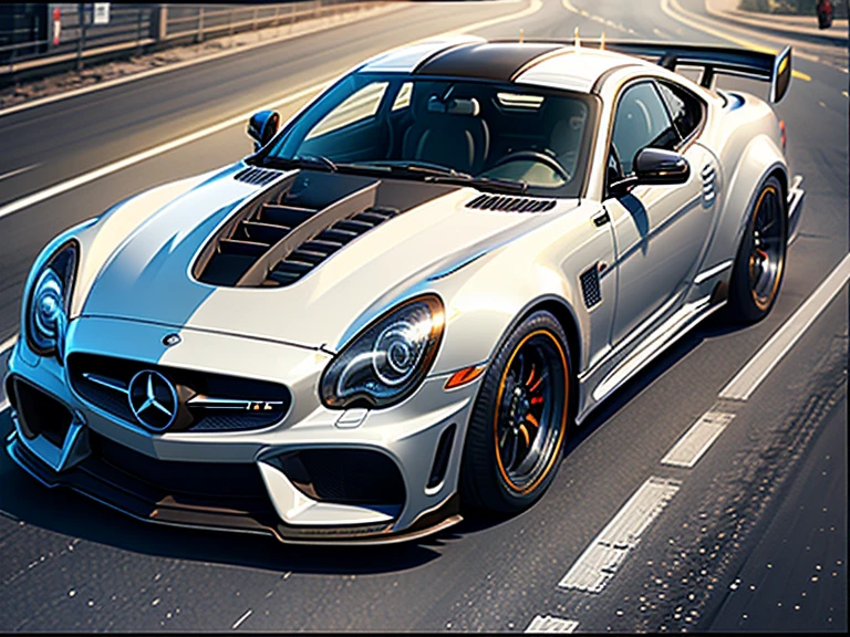 Fast cars on the road, Wide body, Low quality granular, [ The art of math ]!!, Granular low quality, HDR shooting, kodakchrome : : Eight thousand, steel gray body, Mercedes, HD, HDR photos, A perfect masterpiece, Low resolution, hdr render, Made with photoshop