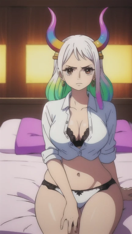 One woman,8k, Yamato_5000, Gray Hair, Green Hair, Gradient Hair, horn, Wano Style, ring earrings, ((masterpiece)), ((highest quality)), (((Sit on the bed))),(()),Very detailed, (),((open front white shirt)),((Fully open shirt)) ,((Troubled expression)),Perfect tummy,Perfect navel,((White lace panties)),((Slender body)), , Strong lighting, High resolution, (((((colorful))))), Sit on the bed, alone, indoor,