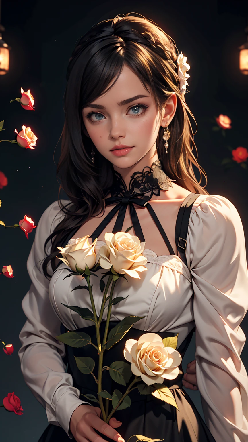 ((masterpiece, highest quality)),Best aesthetics,One girl, alone, Long Hair, Black Dress, flower, ribbon, Black background, Black Hair, Rose, hair ribbon, Green Eyes, Long sleeve, white Rose, Mouth closed, black ribbon, Upper Body, Cinema Lighting