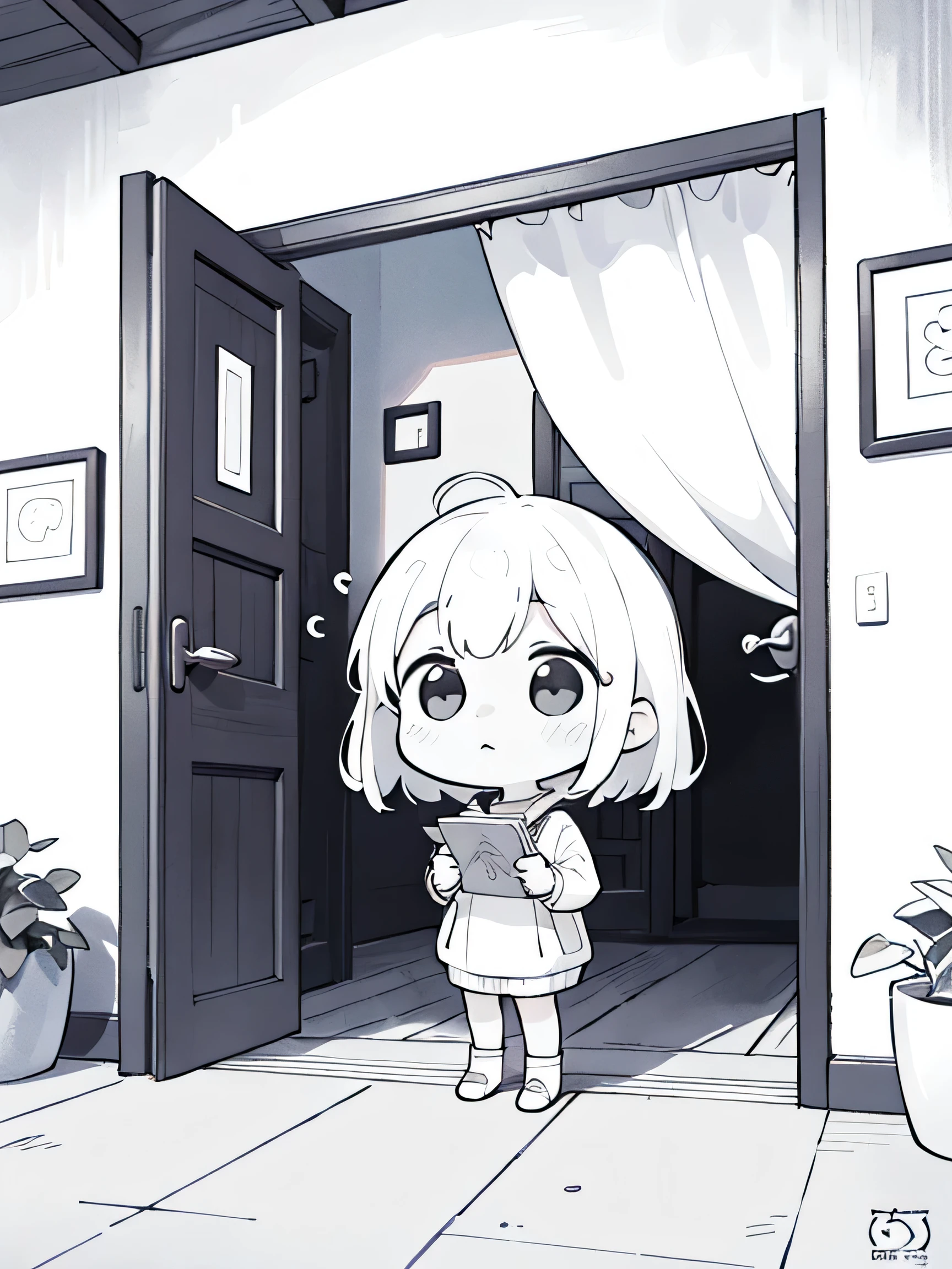 ((black and white antistress coloring book)) girl near the entrance door to the cottage.  Kawaii Design、The Most Beautiful Girl in the World, chibi, White hair, seal, a lot of details
