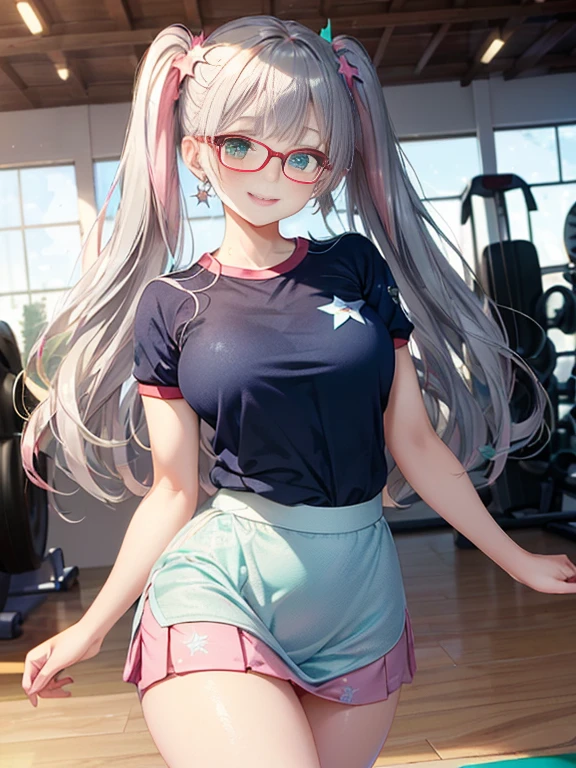 小さなgirl、The arrival of spring、Thick thighs、 (alone:1.5,)Very detailed,Bright colors, Very beautiful detailed anime faces and eyes, Look straight ahead, ;d, Shiny_skin,girl, ((Silver long hair,The inner color is red 、Forehead is exposed.、Green Eyes、Glasses、Shiny hair, Delicate beautiful face, blush、(Turquoise Eyes), White skin, Valletta, Earrings,、blue flower field、(((Star pattern pink、Wearing a skirt over gym clothes)))、Twin tails、smile、smile、Face dyed red