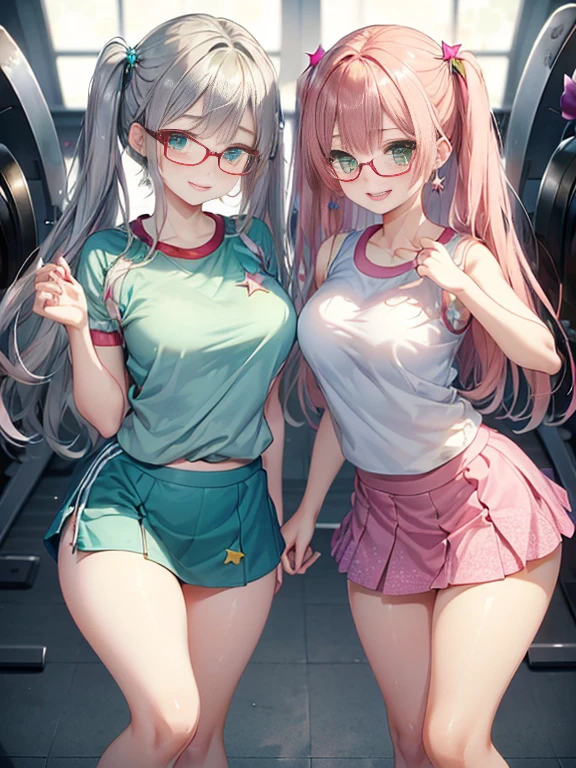 小さなgirl、The arrival of spring、Thick thighs、 (alone:1.5,)Very detailed,Bright colors, Very beautiful detailed anime faces and eyes, Look straight ahead, ;d, Shiny_skin,girl, ((Silver long hair,The inner color is red 、Forehead is exposed.、Green Eyes、Glasses、Shiny hair, Delicate beautiful face, blush、(Turquoise Eyes), White skin, Valletta, Earrings,、blue flower field、(((Star pattern pink、skirt、Gym suit)))、Twin tails、smile、smile、Face dyed red