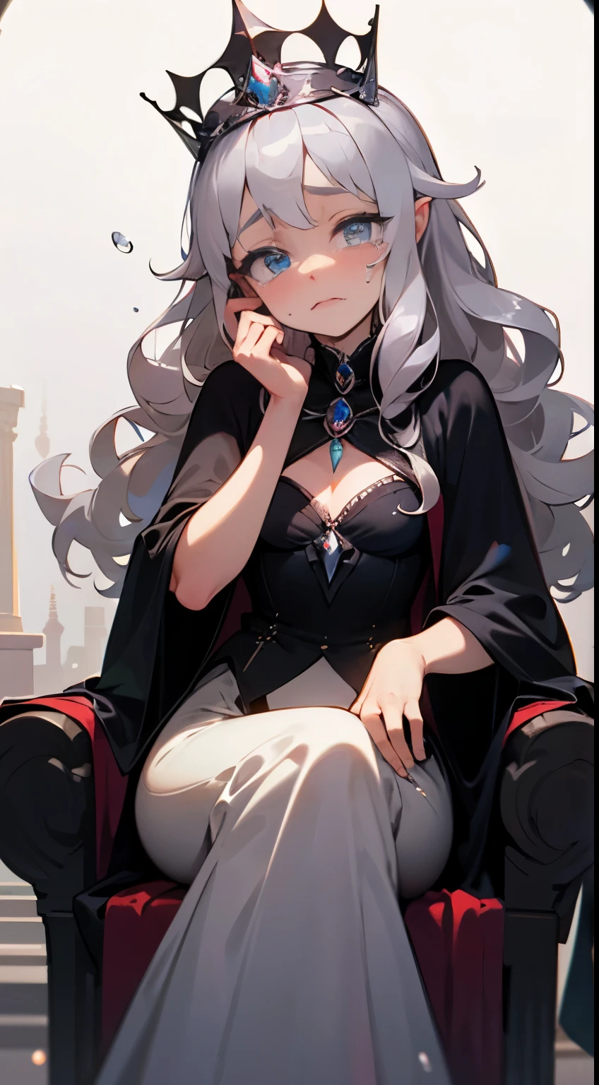 8K, (Sad princess witch1.5) with (silky silver hair1.2) sits gracefully on a (magical throne1.1), her (eyes glistening with tears1.3) while wearing an exquisite (crown1.0) and elegant (princess curls0.8)