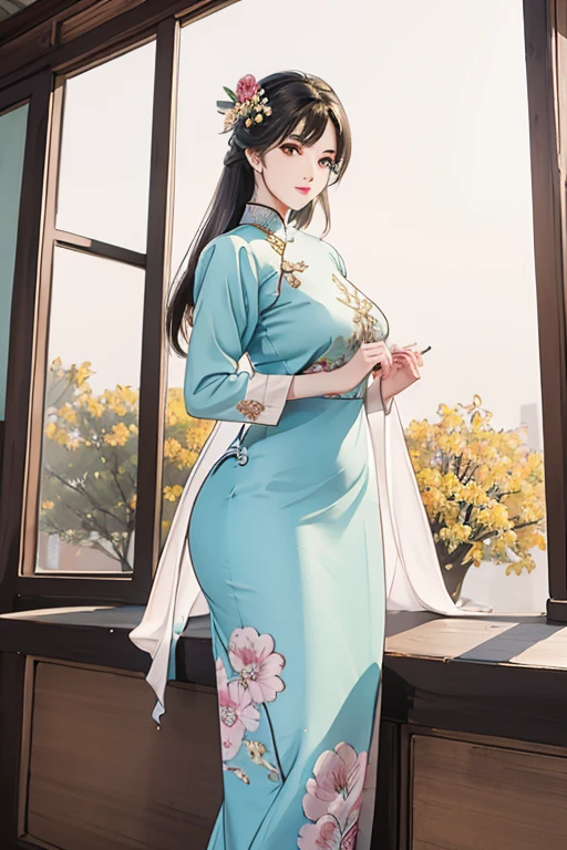 a beautiful girl in vintage colors aodai, masterpiece ,(Dye painting) ( all full color dress ) wrapped in a large flower print( flower silk ..... with ) best quality, realistic:1.3, street, cyberpunk, holding bundle of adubon sunlight, backlighting, (well pper Adhere to clear natural light hdr))full budy, big ass (Remove extra limbs, remove accurately) intricate scene, artstation, intricate details, vignettefulbudy(cartoon)