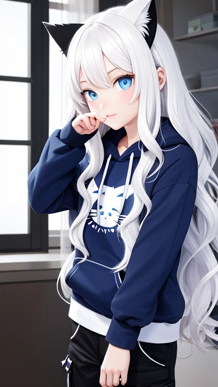 perfect face, long wavy white hair color, sharp eyes, blue eyes, solo, cat girl, hoodie, cargo pants, clothing style, profile picture, bedroom background. 