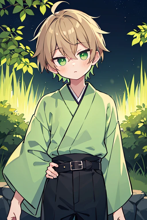1 boy,solo,boy,anime boy,nightcore, (Best Quality),disheveled short dark blond hair,((vivid green eyes)), japanese clothes, white kimono, a waist belt, looks at the viewer