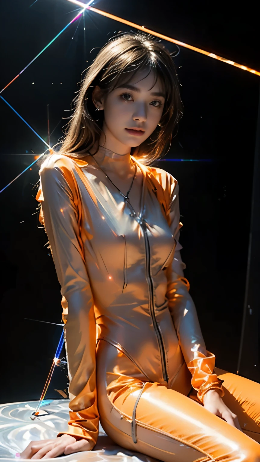 8k, Ultra HD, masterpiece, 1 girl, (good face:1.4), Delicate eyes, Very long hair, Impressive hairstyle, earrings, necklace, Small Breasts, (glowing clothes:1.5), transparent, (Orange laser suit:1.5), Light foundation highlights the skin, ((Exposing nipples:1.2)),((Exposing nipples:1.2)),((Exposing nipples:1.2)),(in the darkness:1.5), mystery, (laser light:1.8), Glowing lights, very ornamented, The laser falls like water, Perfect predecessor, sitting,
