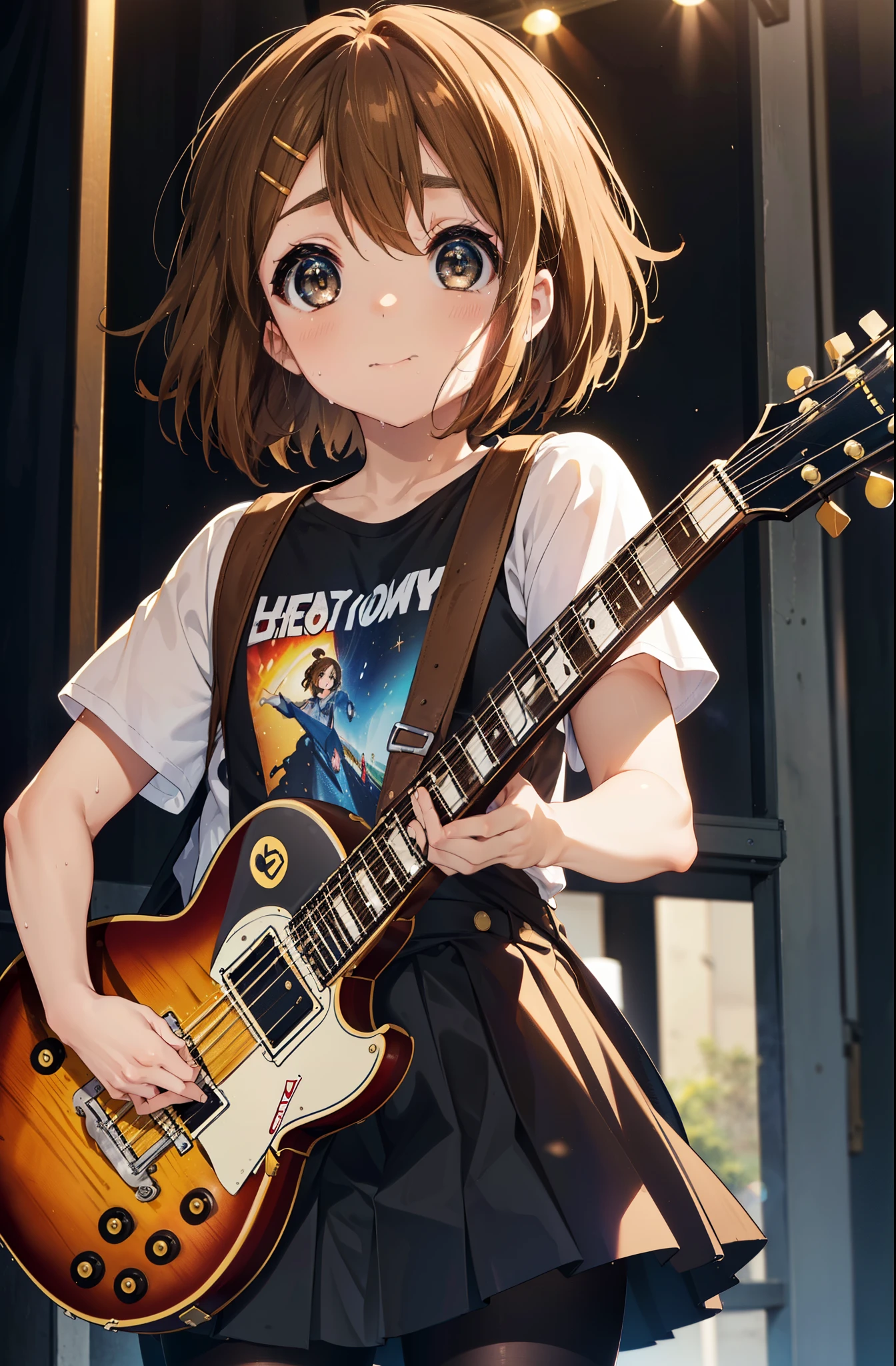 yuihirasawa, Yui Hirasawa, short hair, Brown Hair, hair ornaments, (Brown eyes:1.5),smile,Mouth wide open,Sweat,Wet clothes,Wet Skin,black print t shirt, Black pleated skirt,Black pantyhose,Brown loafers,Hair Clip,guitar(Gibson Les Paul)flip,stage,Singing with your mouth open,So that the whole body goes into the illustration,
break indoors, live house、
break looking at viewer, (Cowboy Shot:1.5),
break (masterpiece:1.2), highest quality, High resolution, unity 8k wallpaper, (shape:0.8), (Fine and beautiful eyes:1.6), Highly detailed face, Perfect lighting, Highly detailed CG, (Perfect hands, Perfect Anatomy),