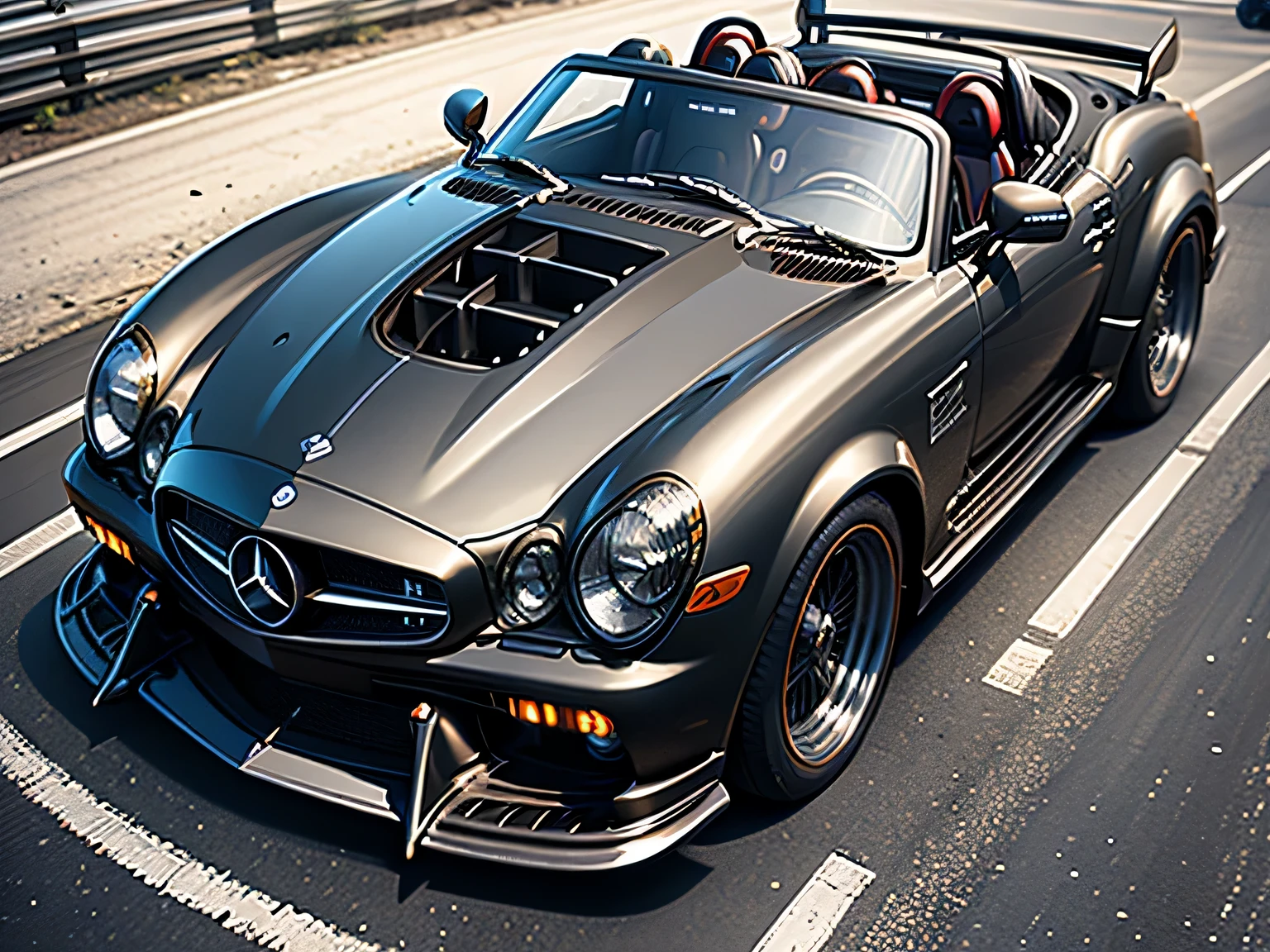 Fast cars on the road, Wide body, Low quality granular, [ The art of math ]!!, Granular low quality, HDR shooting, kodakchrome : : Eight thousand, steel gray body, Mercedes, HD, HDR photos, A perfect masterpiece, Low resolution, hdr render, Made with photoshop