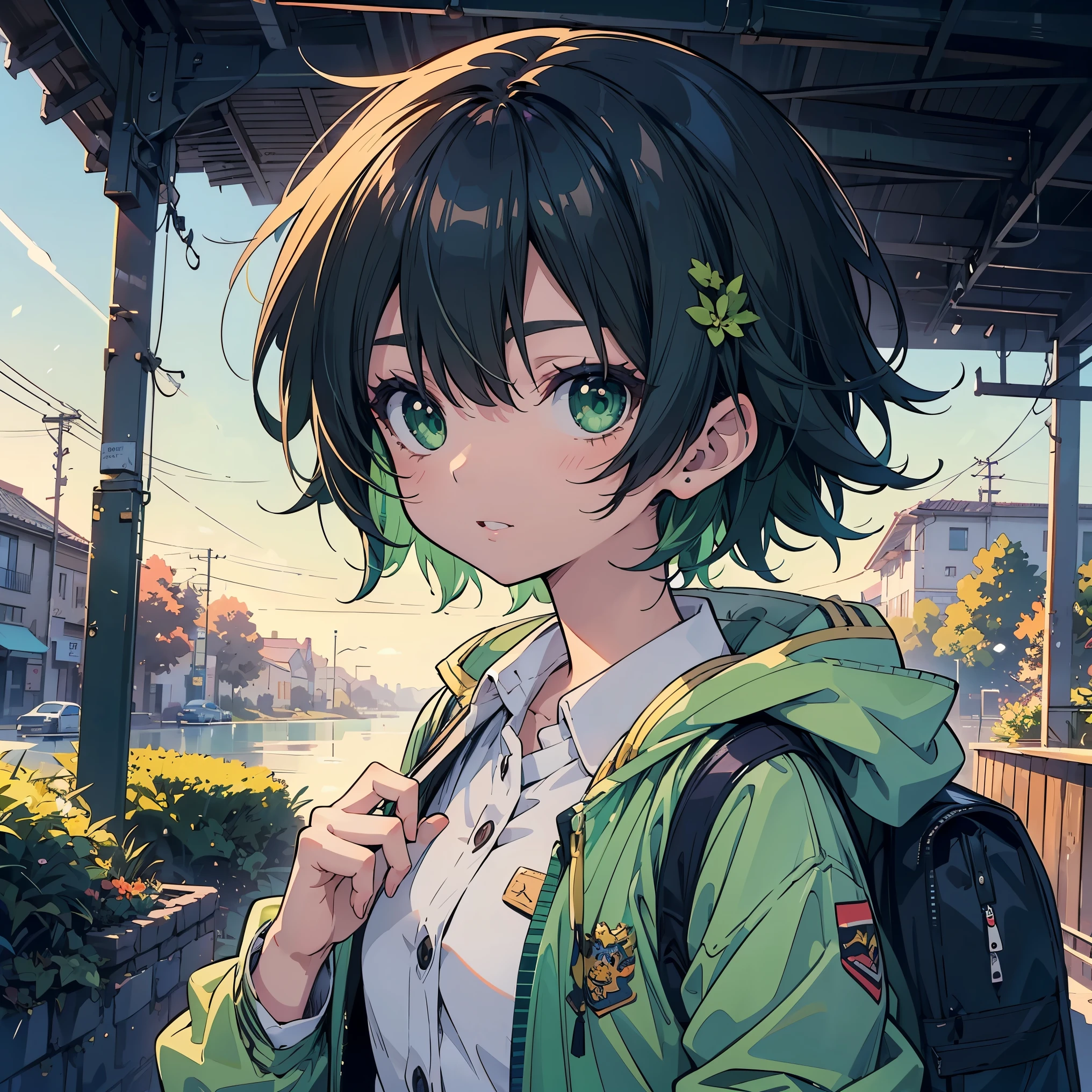 (masterpiece:1.2), (highest quality:1.2), Ultra-high resolution, Super detailed, Character Sheet, Perfect Eyes, Perfect Face, Perfect lighting,jumping, ((Anime girl on her way to school)), ((front)), happy, whole body, Surreal girl, (1 person,Lolita,boyish, , 13 years old:1.3),Full Finger,, Androgynous charm, (Very short hair), Black Hair, Messy Hair, small and soft breasts,Slender body, Small Ass, Small green eyes,Detailed and beautiful eyes, Well-proportioned iris and pupil, Expressive eyes, Beautifully detailed lips, High resolution detailed hair, ((Light green jacket:1.4)),(White shirt:1.4),((Checked Skirt)), Light green socks, Brown Loafers, Student bag, Ultra-dense skin,in front of school, ((morning)), Gweiz-style artwork, Makoto Shinkai&#39;s art style, lofi portrait, Digital anime art, Makoto Shinkai style, LOFI Girl, Anime-style illustrations, lofi art style, Anime illustration