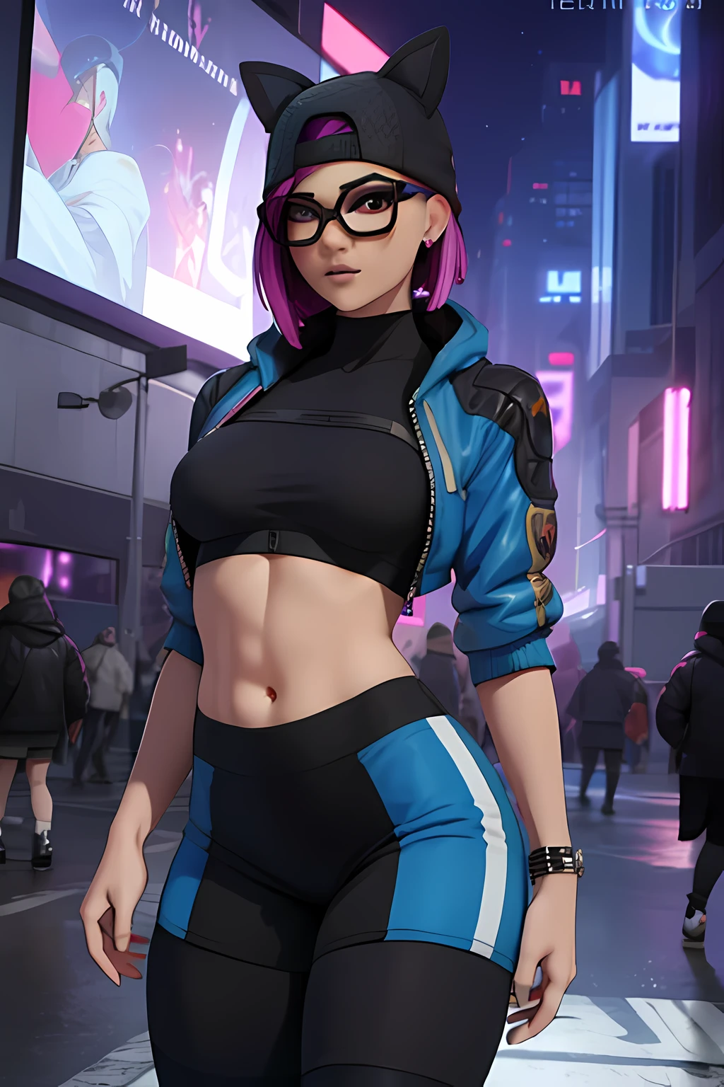 Traje de lino Cyberpunk, pulsera de picos,gorro de invierno , shorts negro con leggins Azul Marino, chaqueta azul marino ,Extremadamente detallado, rostro detallado, gafas ,hermoso rostro, ojos finos, mirando al espectador, pose femenino, Noche 