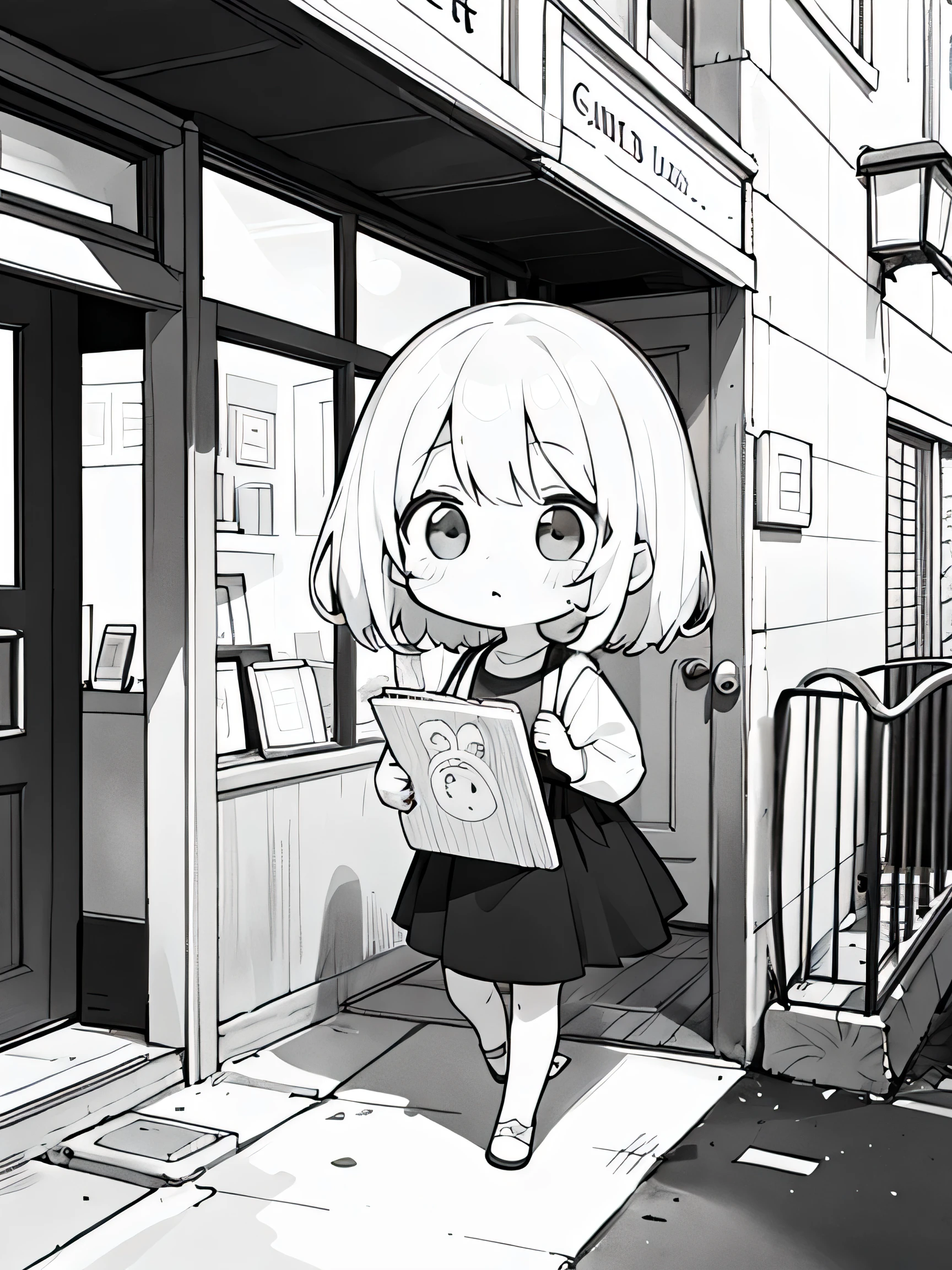 ((black and white antistress coloring book)) ((Girl on the street)) near the entrance door to the cottage. Kawaii Design、The Most Beautiful Girl in the World, chibi, White hair, seal, a lot of details