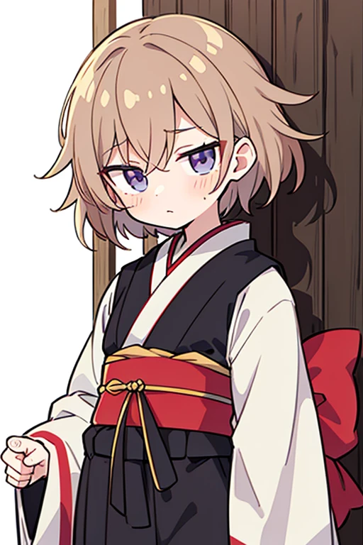 the anime, (Best Quality), ((1guy)), ((disheveled short dark blond hair)), japanese clothes, white kimono, a waist belt, looks at the viewer
