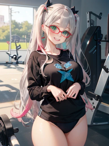 小さなgirl、The arrival of spring、Thick thighs、 (alone:1.5,)Very detailed,Bright colors, Very beautiful detailed anime faces and eyes, Look straight ahead, ;d, Shiny_skin,girl, ((Silver long hair,The inner color is red 、Forehead is exposed.、Green Eyes、Glasses、Shiny hair, Delicate beautiful face, blush、(Turquoise Eyes), White skin, Valletta, Earrings,、blue flower field、(((Star pattern pink、Under her blouse she is wearing black gym clothes.)))、Twin tails、smile、smile、Face dyed red