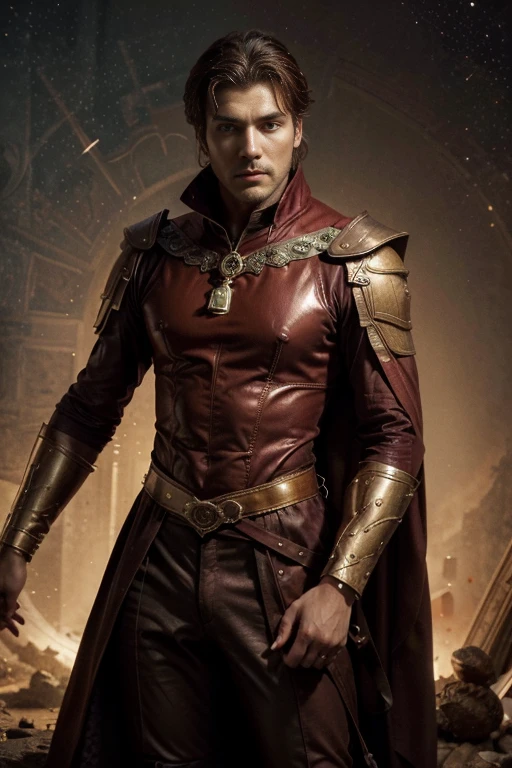 A male human figure who personify the tarot of The Chariot, dressed in amber,maroon, rich bright russet and dark greenish brown, intelligence of the house of influence, The of the Powers of the Waters, the Lord of the Triumph of Light, Cancer, Caza art, digital art