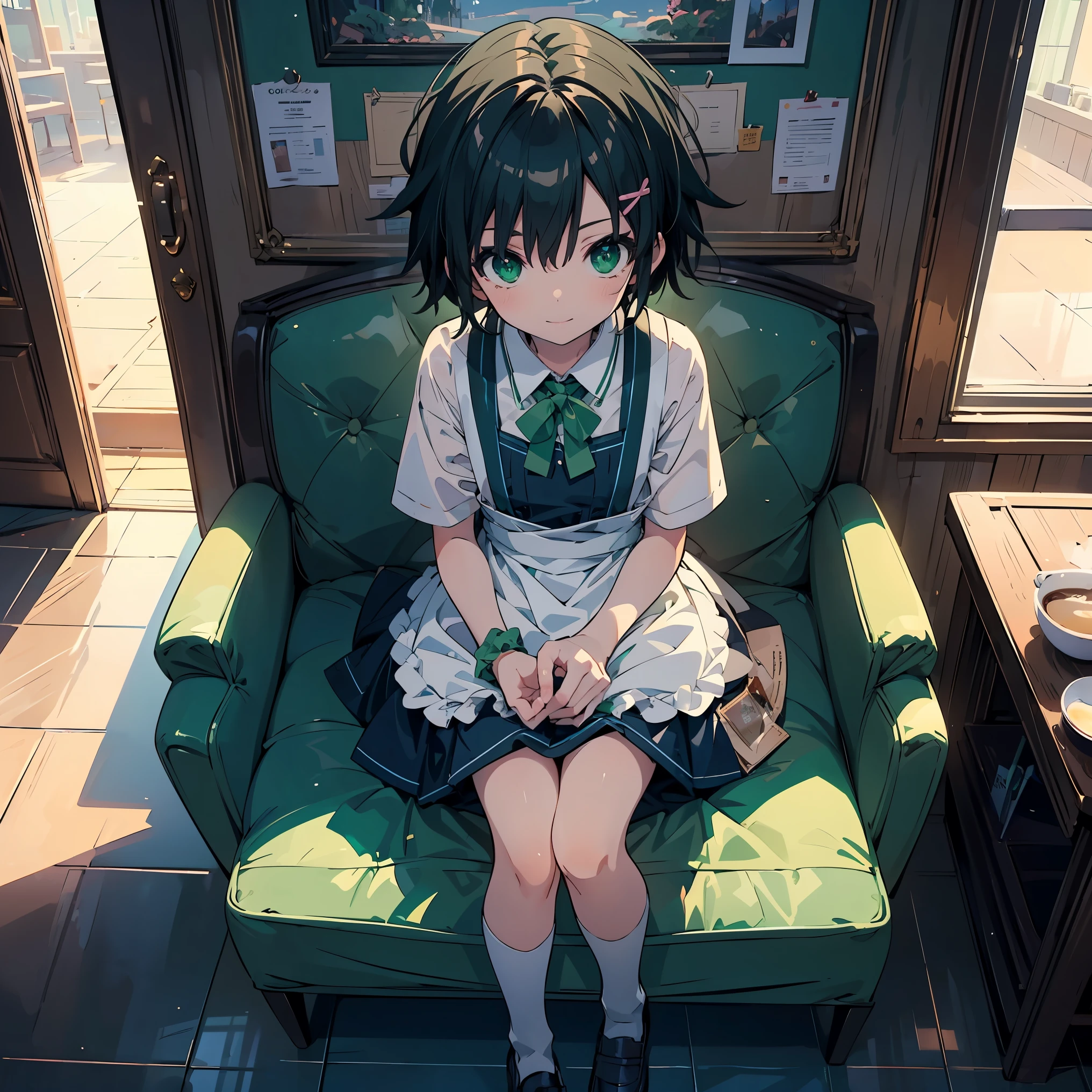 (masterpiece:1.2), (highest quality:1.2), Ultra-high resolution, Super detailed, Character Sheet, Perfect Eyes, Perfect Face, Perfect lighting, shy, smile, ((Anime girl making coffee)), ((solo)), shoot from above, Surreal girl, (1 person,Lolita,boyish, , 13 years old:1.3),Full Finger,, Androgynous charm, (Very short hair), ((Black Hair)), Messy Hair, small and soft breasts,Slender body, Small Ass, Small green eyes,Detailed and beautiful eyes, Well-proportioned iris and pupil, Expressive eyes, Beautifully detailed lips, High resolution detailed hair, ((Light green apron:1.4)),(White shirt:1.4),Light green socks, Brown Loafers, Cat Hairpins, Ultra-dense skin, Coffee shop, ((noon)), Gweiz-style artwork, Makoto Shinkai's art style, lofi portrait, Digital anime art, Makoto Shinkai style, LOFI Girl, Anime-style illustrations, lofi art style, Anime illustration